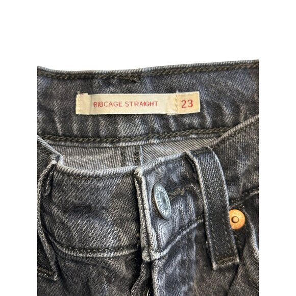 VTG LEVIS Ribcage Straight Jeans Women’s 23 – Button Fly Black Distressed Denim - Picture 6 of 11